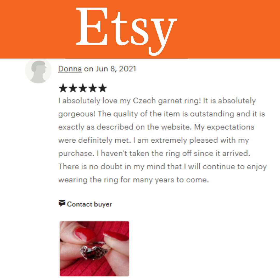 Review etsy Zlatka jewelry store. Garnet ring
